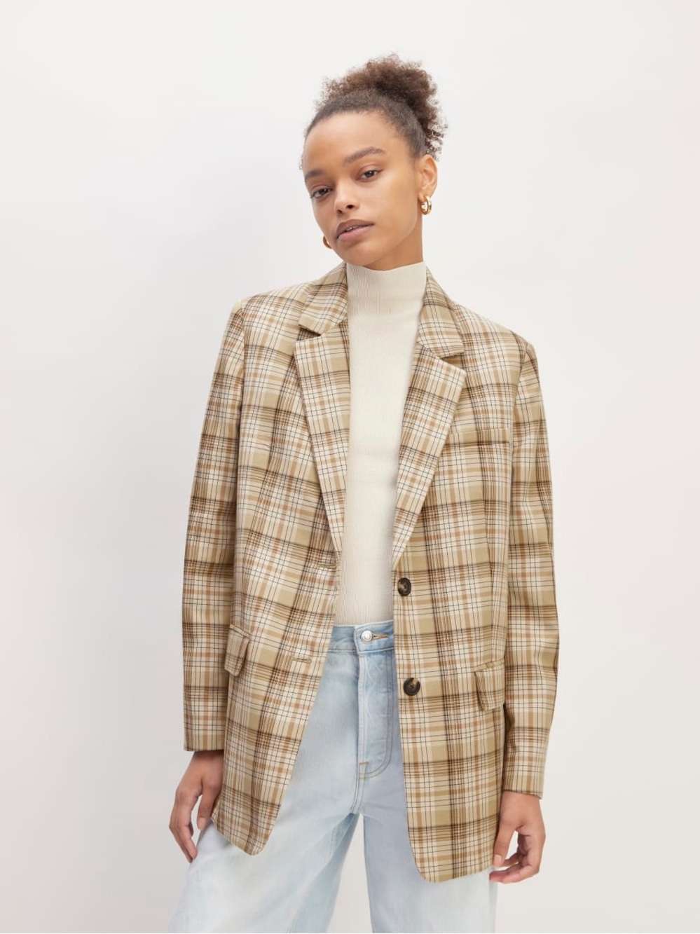 Everlane The Oversized Blazer Tan Plaid Tencel Blend Womens Size 2 NWOT